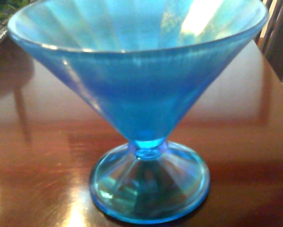 #ad STRETCH GLASS  CELESTE BLUE COMPOTE BOWL   VINTAGE $18.95