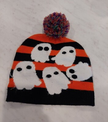 #ad Halloween Kid’s Beanie Hat Cap Ghost Orange Black Stripes Pom Pom One Size Fit $5.00