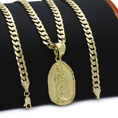 #ad Mens 18k Gold Plated Guadalupe Hip Hop Pendant 6mm Cuban Chain Necklace $18.99