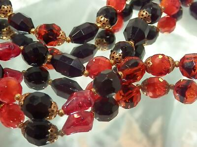 WOW 3 Strand Crown Trifari Red Glass Black Lucite Vintage 60#x27;s Necklace 530my2 $39.99