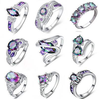 #ad Women Fashion Mystic Topaz Rainbow Ring Cocktail Party Wedding Rings Girls Gift C $1.10