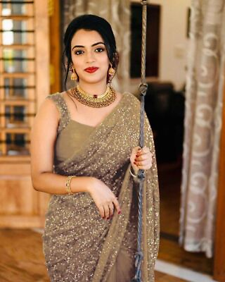 #ad Women#x27;s Golden Georgette Sequins Work Ethnic Saree Party Wear Fancy Sari Blouse $39.34