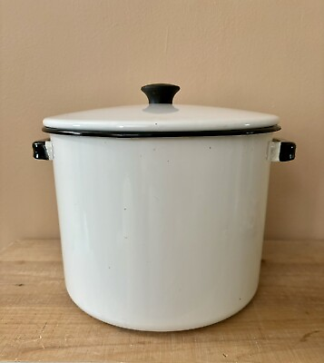 #ad Vintage Large White Enamel Soup Pot with Lid amp; Handles Primitive Farmhouse Decor $29.00
