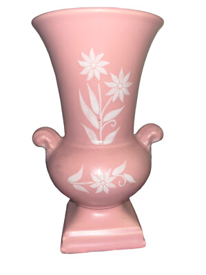 #ad Vintage Abington Pottery USA 1930s Pink Art Deco Vase White Floral DBL Handle $24.99
