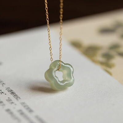 #ad Hetian Green Jade Flower Pendant Healing Dainty Delicate Women Necklace Gifts $12.80