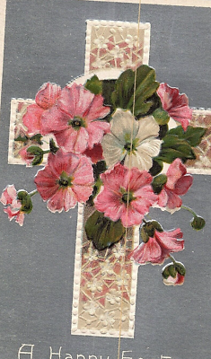 #ad A Happy Easter Silver Cross Pink Flowers Post Card Vintage Embossed $7.99