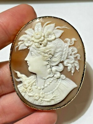 #ad Victorian Gold Shell Carved Cameo Goddess Depicting Flora 16.5g Brooch 5K 7.2 $494.99