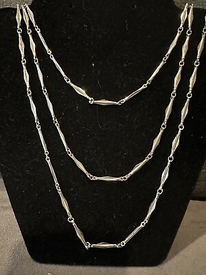 #ad Vintage Crown Trifari Necklace Signed Decorative Bar Chain in Silver Tone 48quot; $29.50