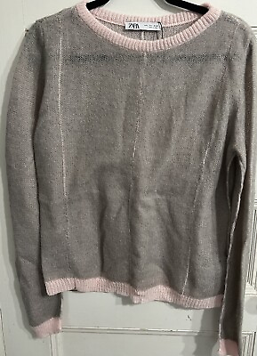 #ad Zara Lightweight Grey With Pink Accents Sweater Size Large NWOT $17.99