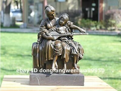#ad Western art deco bronze women Girl Mother and daughter play the lute sculpture $954.60