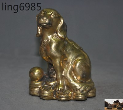 #ad China Fengshui Brass Money Coin Ingot Wealth Lucky Dog doggy doggie hound Statue $41.65
