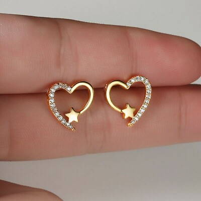 #ad 1 Ct Round Simulated Diamond Romantic Heart Stud Earrings 14K Yellow Gold Plated $85.50