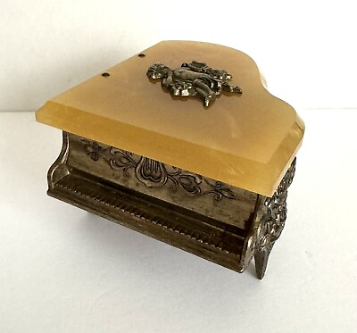 #ad Vintage Ormolu Gold Piano Cherub Music Trinket Jewelry Box Plays Feelings $49.99
