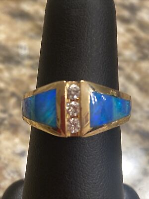 #ad 14k gold ring with Inlaid natural opal and diamonds. $1200.00