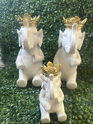 #ad Vintage Lucky Japanese Chinese Set Of 3 White Elephant Sculpture Resin $24.99