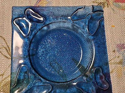 #ad Vintage Blue Glass butterfly ashtray square 5quot; $5.00
