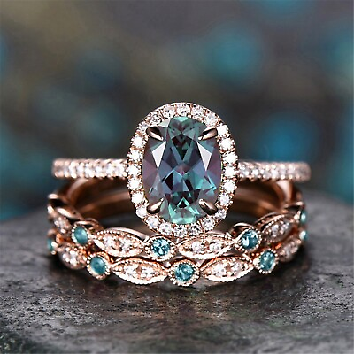 #ad 3pcs Vintage Unique Oval Cut Engagement Ring Rose Gold Ring Art Deco Bridal $9.75