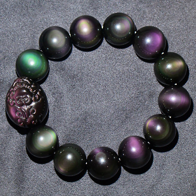 #ad Natural Black Obsidian Rainbow Gemstone Round Beads Pi Xiu Stretch Bracelet $21.99