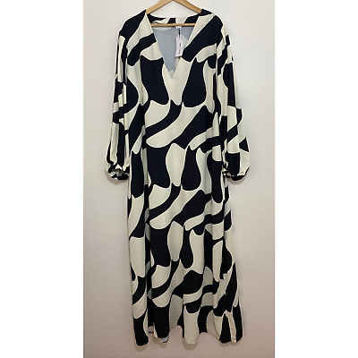 #ad NWT Jibri The Drop Size 2X Black Cream Geometric Print Maxi Dress Peasant Sleeve $59.99