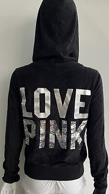 #ad Victoria#x27;s Secret Pink Hoodie Love Pink Sequin Sweatshirt Terry Black M New $42.49