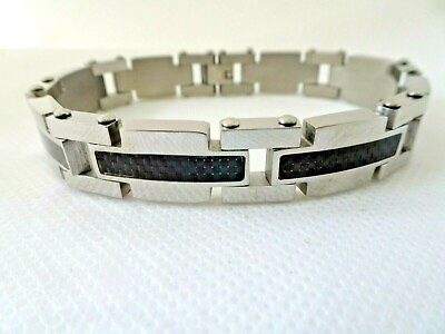 #ad Men#x27;s Polished Stainless Steel and Plated Black Carbon Fiber Bracelet 8.5 quot; $31.00