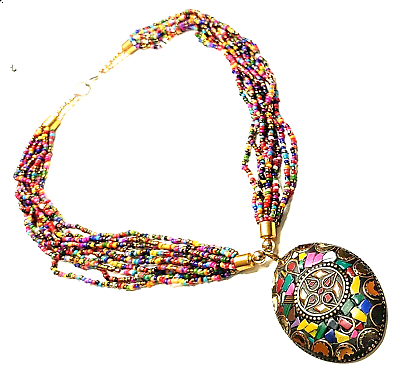 #ad Tibetan Tribal Brass Pendant Glass Necklace Vintage Style Handmade Banjara Beads $22.49