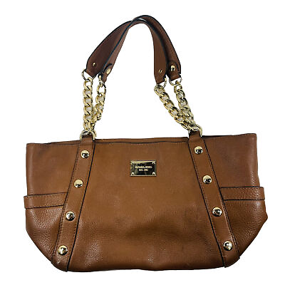 #ad Michael Kors Tan Camel Bag Gold Chain Soft Leather Double Handle Shoulder Straps $26.39