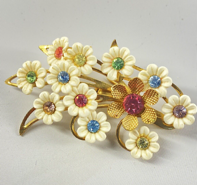 #ad Vtg 60#x27;s Emmons Thermoplastic Celluloid White Flower Pastel Rhinestone Brooch $17.99