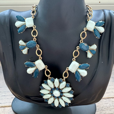 #ad J. Crew Gold Tone Chain Blue White Gemstone Floral Pendant Statement Necklace $22.00