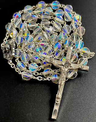 #ad Vintage Catholic Iridescent AB Crystal Rosary Silver Tone Crucifix $16.99