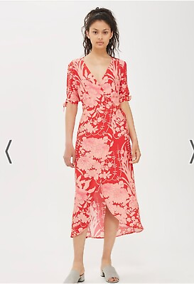#ad TOPSHOP Long Red Floral Wrap Dress Size 2 US 6 UK Midi Dress $27.90