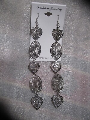 #ad Long Hearts amp; Charms Sterling Silver Overlay Plated Dangle Hook Earrings 6quot; $5.99