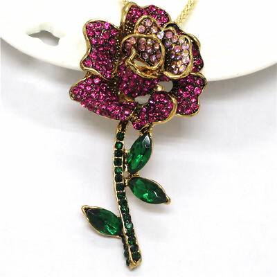#ad Fashion Women Rose Rhinestone Rose Vintage Crystal Pendant Sweater Necklace $3.86