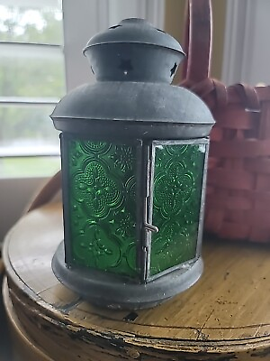 #ad Vintage Lantern Candle Metal Green Embossed Glass Stars Striking Color 7 1 2quot; $95.00