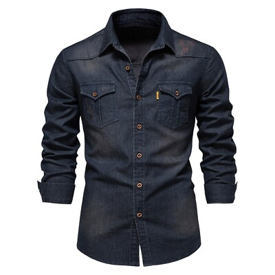 #ad AIOPESON Brand Elastic Cotton Denim Shirt Men Quality Cowboy Shirts Long Sleeve $49.99