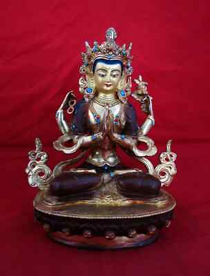 #ad Tibetan Lord Chenrezig Khacheri 8.5quot; Mercury Gold Plated Copper Statue Figure $299.00