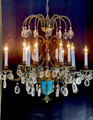 #ad EXQUISITE Antique French Bronze Brass Blue Tole Crystal Chandelier 30” WIDE $2875.00