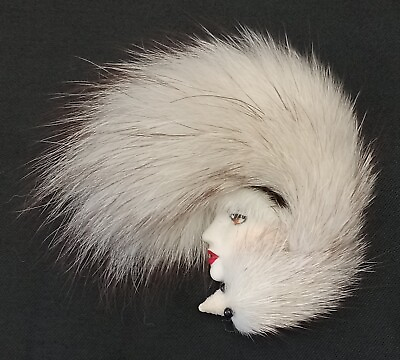 #ad Vintage Handmade Woman w Real Fur Hat amp; Wrap Porcelain Face Large Brooch Pin $222.22