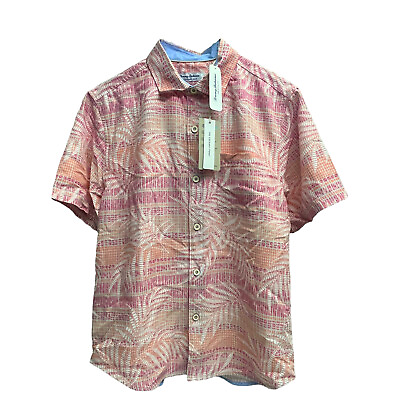 #ad Tommy Bahama Coconut Pt Mosaic Fronds Short Sleeve Camp Shirt Apricot Pink $125 $47.52