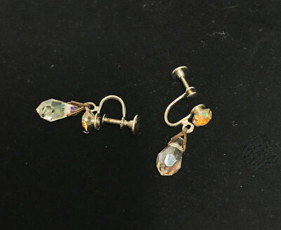 #ad EARRINGS Vtg 1quot; Teardrop Crystal Rhinestone Earrings Old Fashion Screw On A1 $12.95