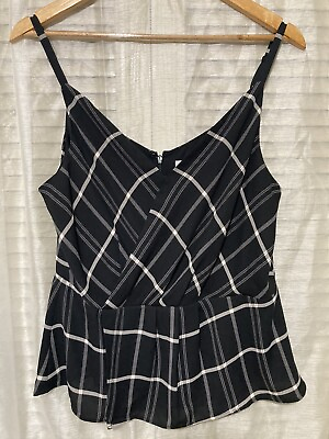 #ad Cabi Women Size 8 Cami Black Beige Stripes Peplum Faux Wrap Tank Top Chiffon $12.99