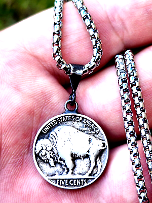#ad Authentic Buffalo Indian Nickel coin FULL HORN pendant necklace sterling bail $54.90