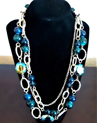 #ad Beautiful Shades of Blue Green Gold Tone Link w Beads Multi Strand Necklace $36.79