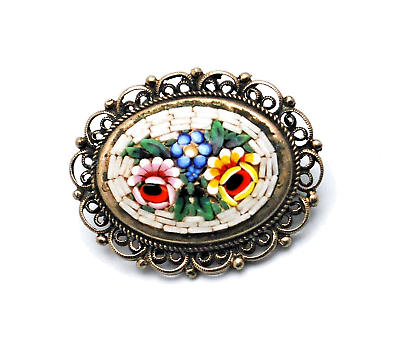 #ad Brilliant Antique Italian Micro Mosaic Inlay Brooch Pin $46.50