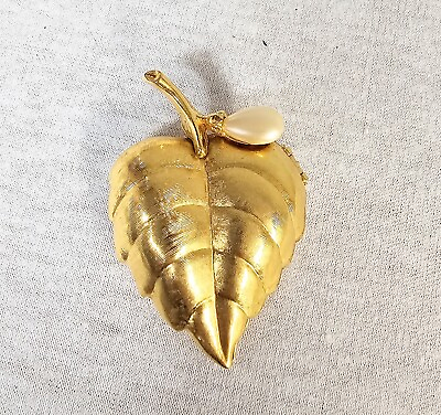 #ad Vintage Avon Gold Tone Faux Pearl Leaf Locket Brooch With Perfume $15.00
