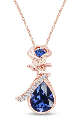 #ad Simulated Sapphire Rose Teardrop Pendant Necklace 14K Rose Gold Plated Silver $135.57