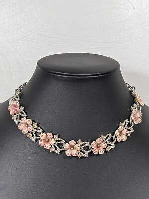 #ad Vintage Pink Flower Lucite Rhinestone Silver Tone Panel Choker Necklace 17 in $9.09
