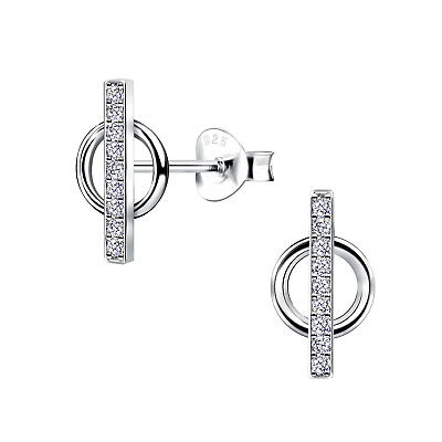 #ad Sterling Silver Circle Bar Cubic Zirconia Rhodium Plated Stud Earrings AU $12.00