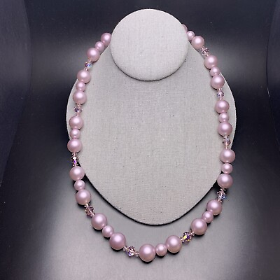 #ad Lavendar Purple Faux Pearl Beaded Necklace Glass Bead Accent Chunky Bead Vintage $25.46