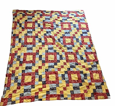 #ad Handmade Vintage Quilt Red White Blue Banana Queen Reversible Polyester $99.99